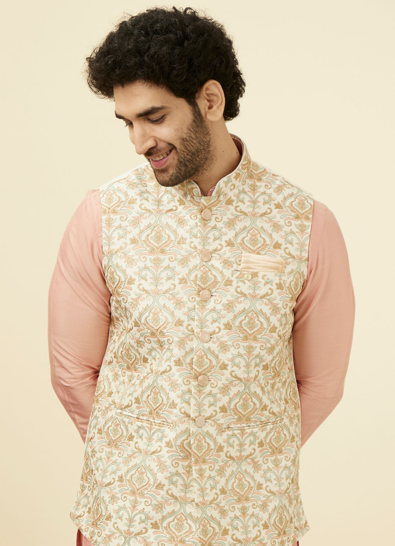 Manyavar Men Cream Jacket With Multicolor Motifs