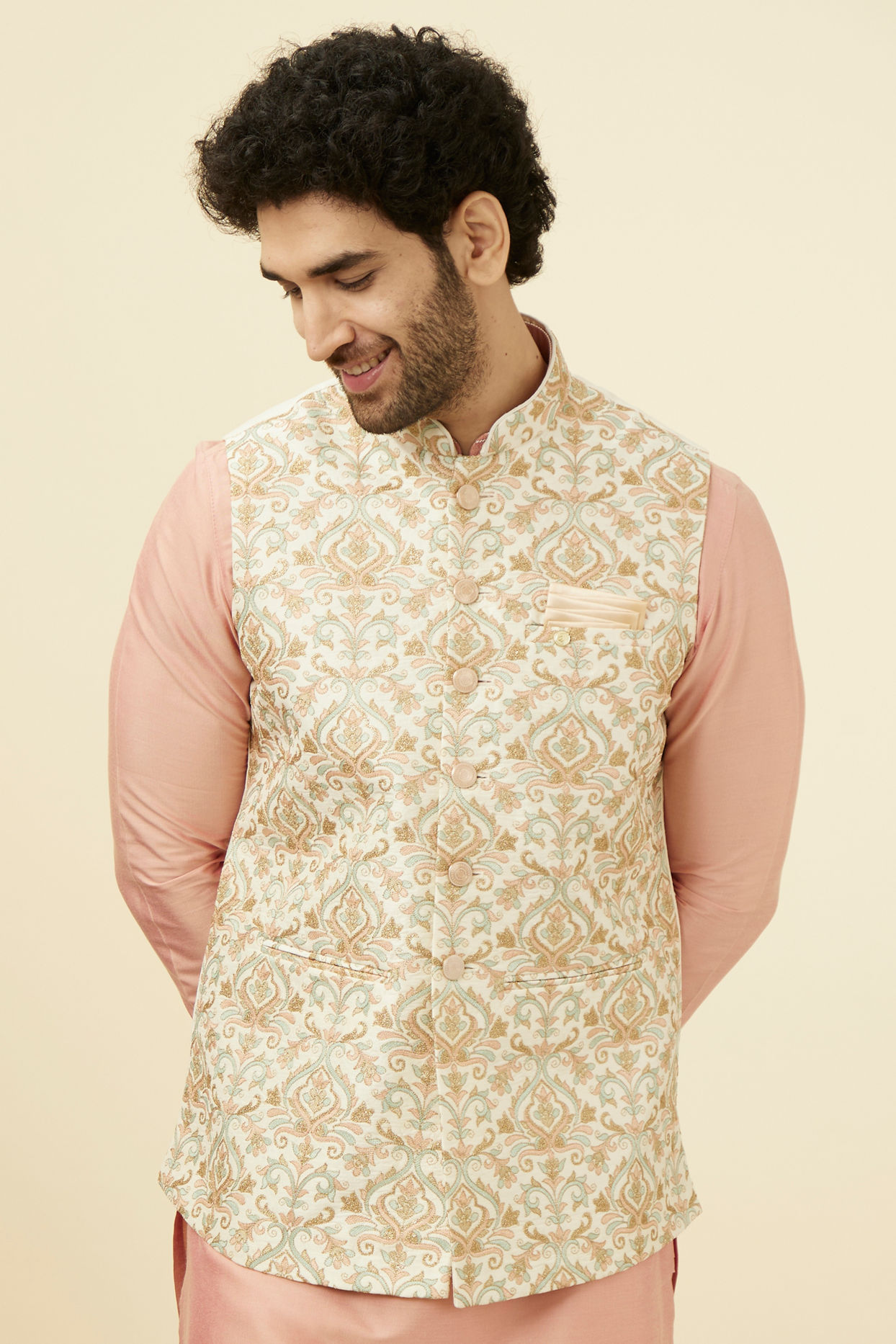 alt message - Manyavar Men Cream Jacket With Multicolor Motifs image number 0