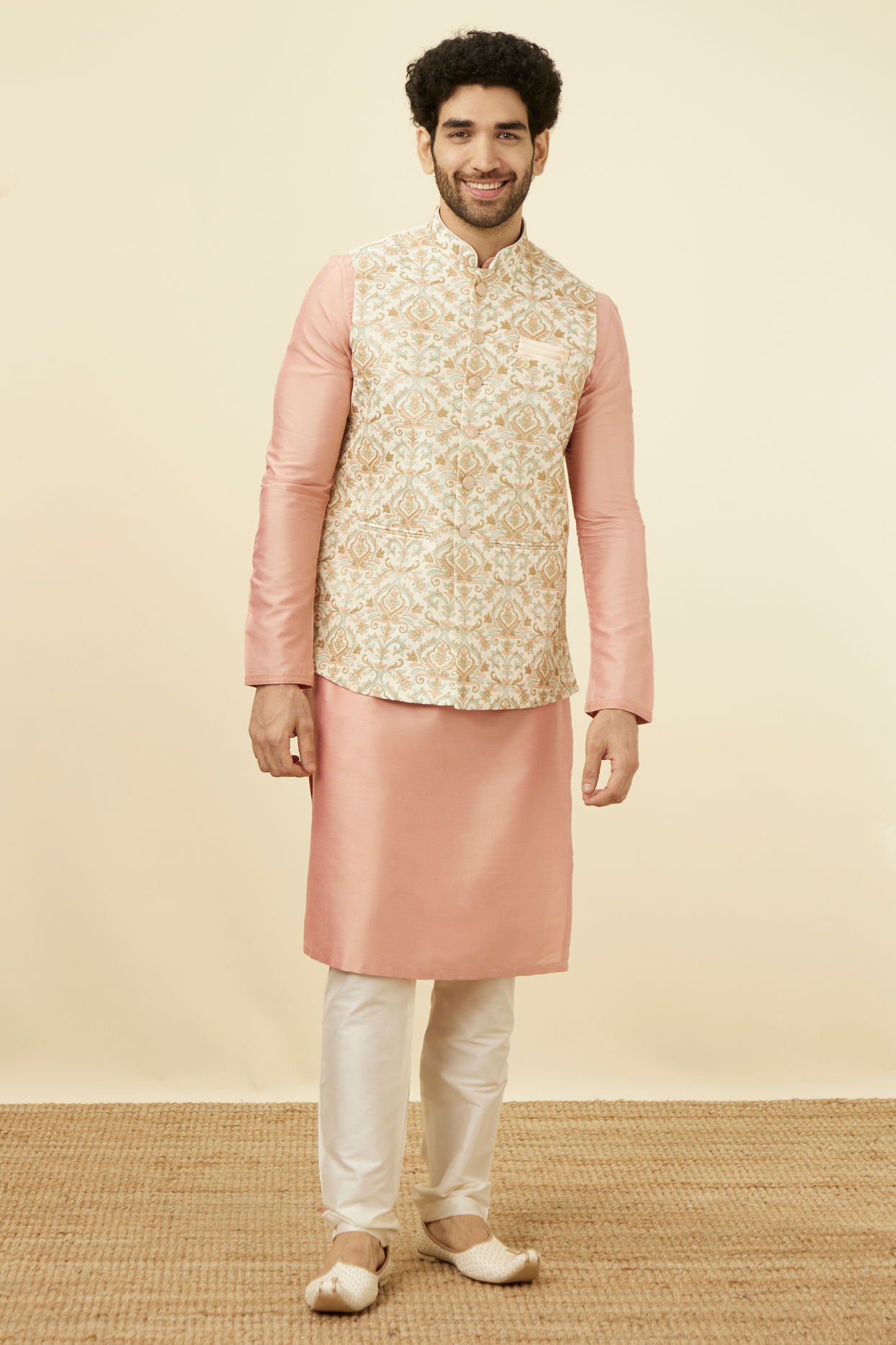 Manyavar Men Cream Jacket With Multicolor Motifs