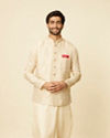 alt message - Manyavar Men Beige Imperial Jaal Embroidered Jacket image number 0