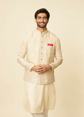 alt message - Manyavar Men Beige Imperial Jaal Embroidered Jacket