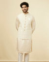 Manyavar Men Pearled Ivory White Herringbone Patterned Jacket