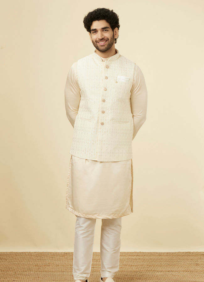 alt message - Manyavar Men Pearled Ivory White Herringbone Patterned Jacket image number 2