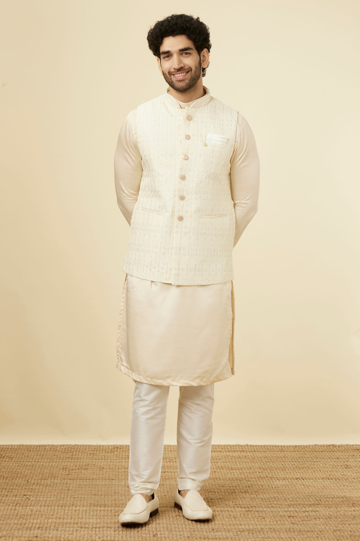 alt message - Manyavar Men Pearled Ivory White Herringbone Patterned Jacket image number 2