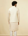 Manyavar Men Pearled Ivory White Herringbone Patterned Jacket