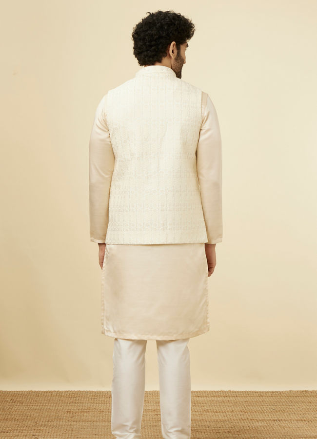 alt message - Manyavar Men Pearled Ivory White Herringbone Patterned Jacket image number 3