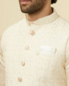 Manyavar Men Pearled Ivory White Herringbone Patterned Jacket