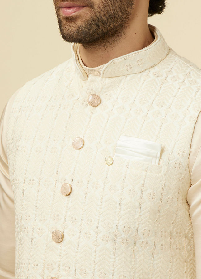 Manyavar Men Pearled Ivory White Herringbone Patterned Jacket