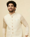 alt message - Manyavar Men Pearled Ivory White Herringbone Patterned Jacket image number 0