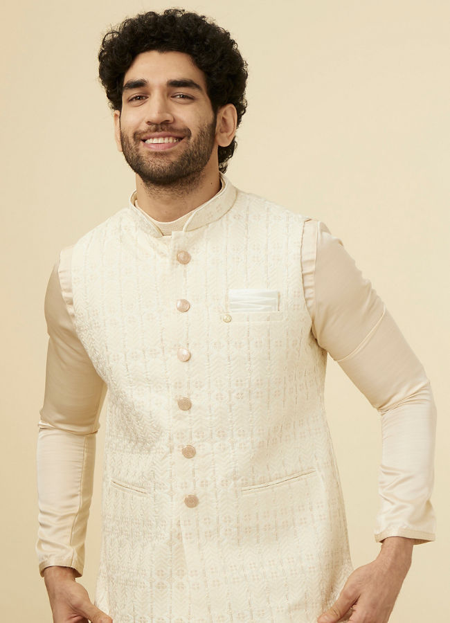 alt message - Manyavar Men Pearled Ivory White Herringbone Patterned Jacket image number 0