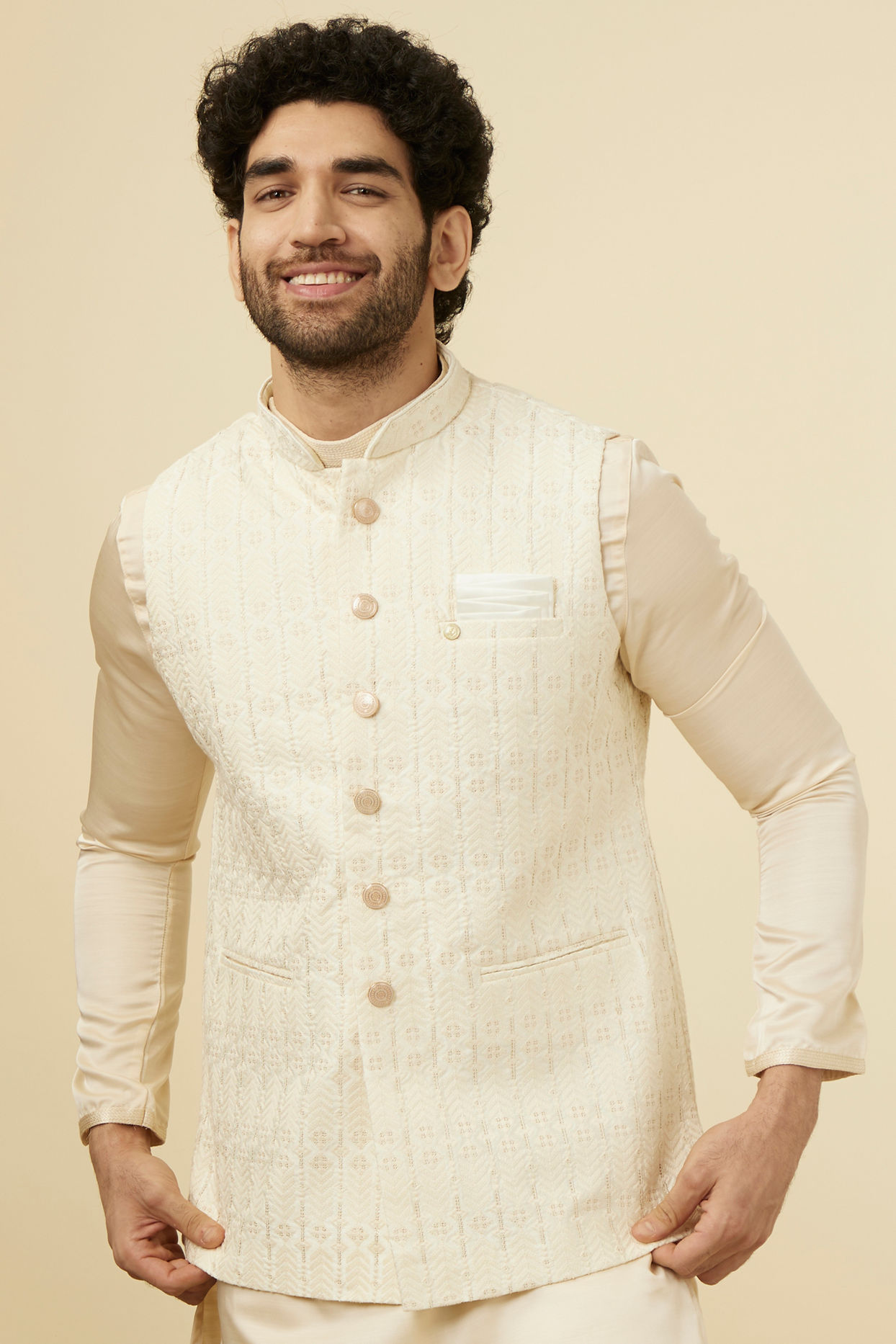 Manyavar Men Pearled Ivory White Herringbone Patterned Jacket