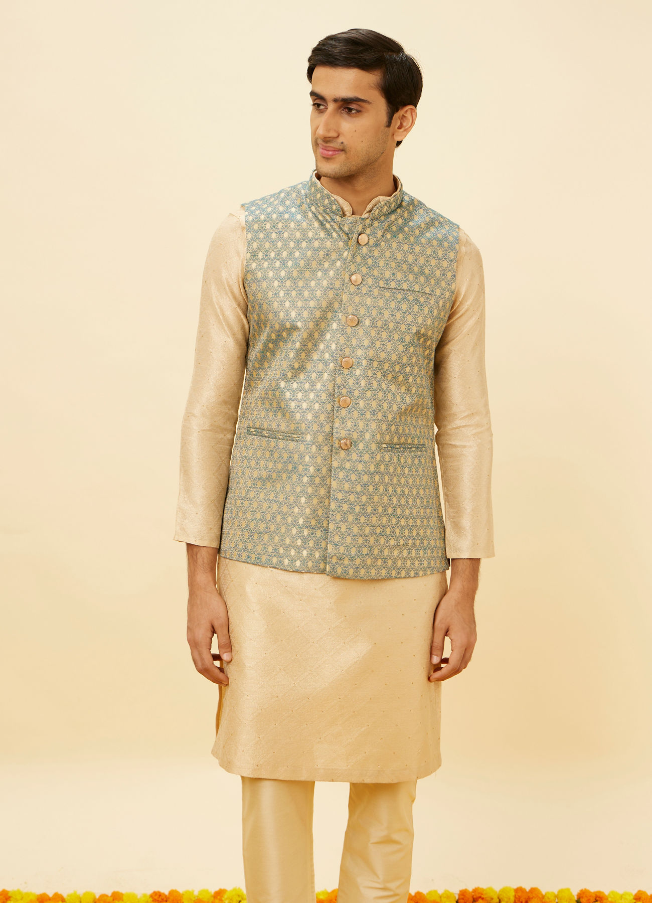 Manyavar Men True Blue Jaal Patterned Jacket