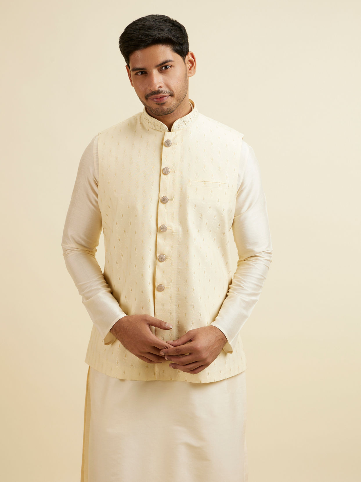Manyavar Men Light Cream Buta Patterned Jacket