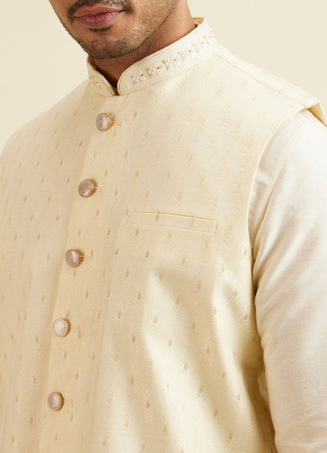 Manyavar Men Light Cream Buta Patterned Jacket image number 1