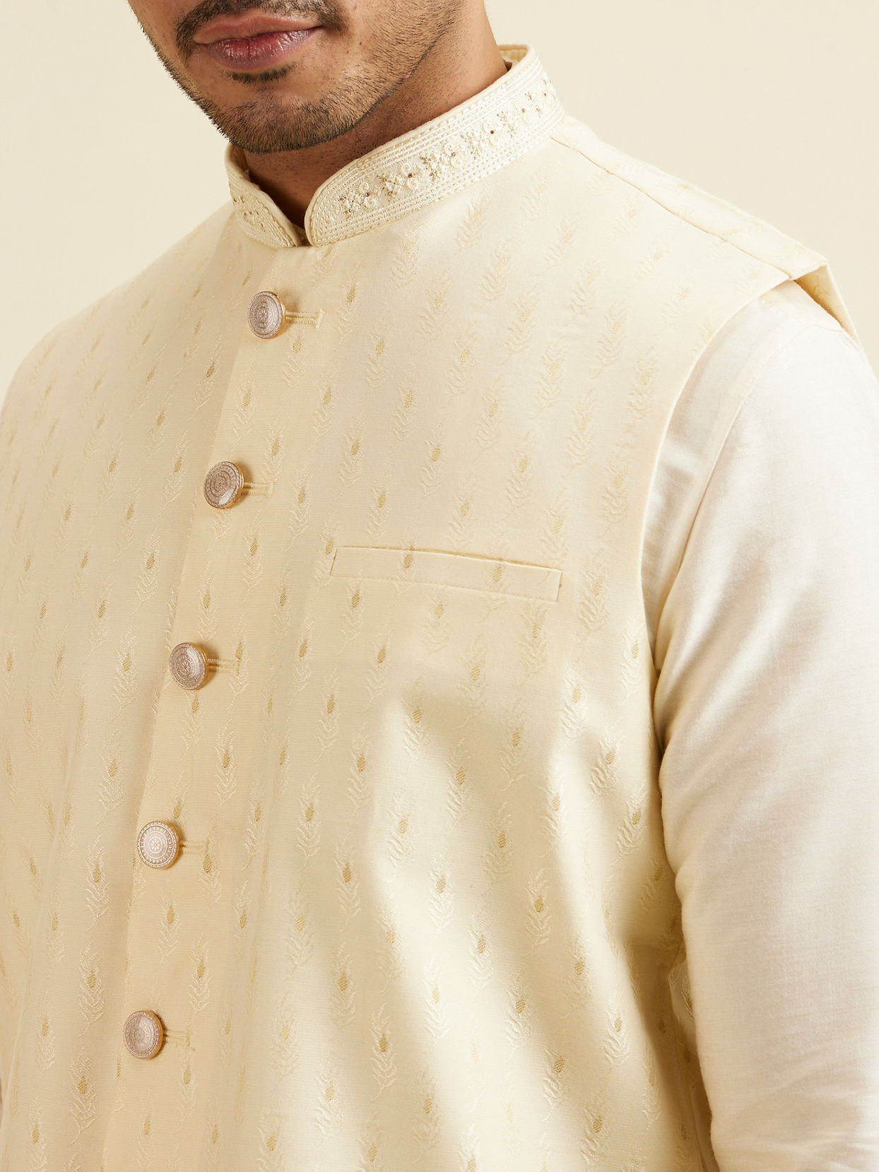 Manyavar Men Light Cream Buta Patterned Jacket image number 1