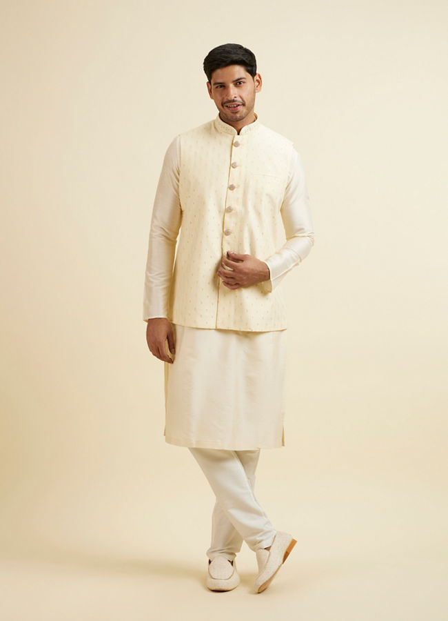 Manyavar Men Light Cream Buta Patterned Jacket image number 2