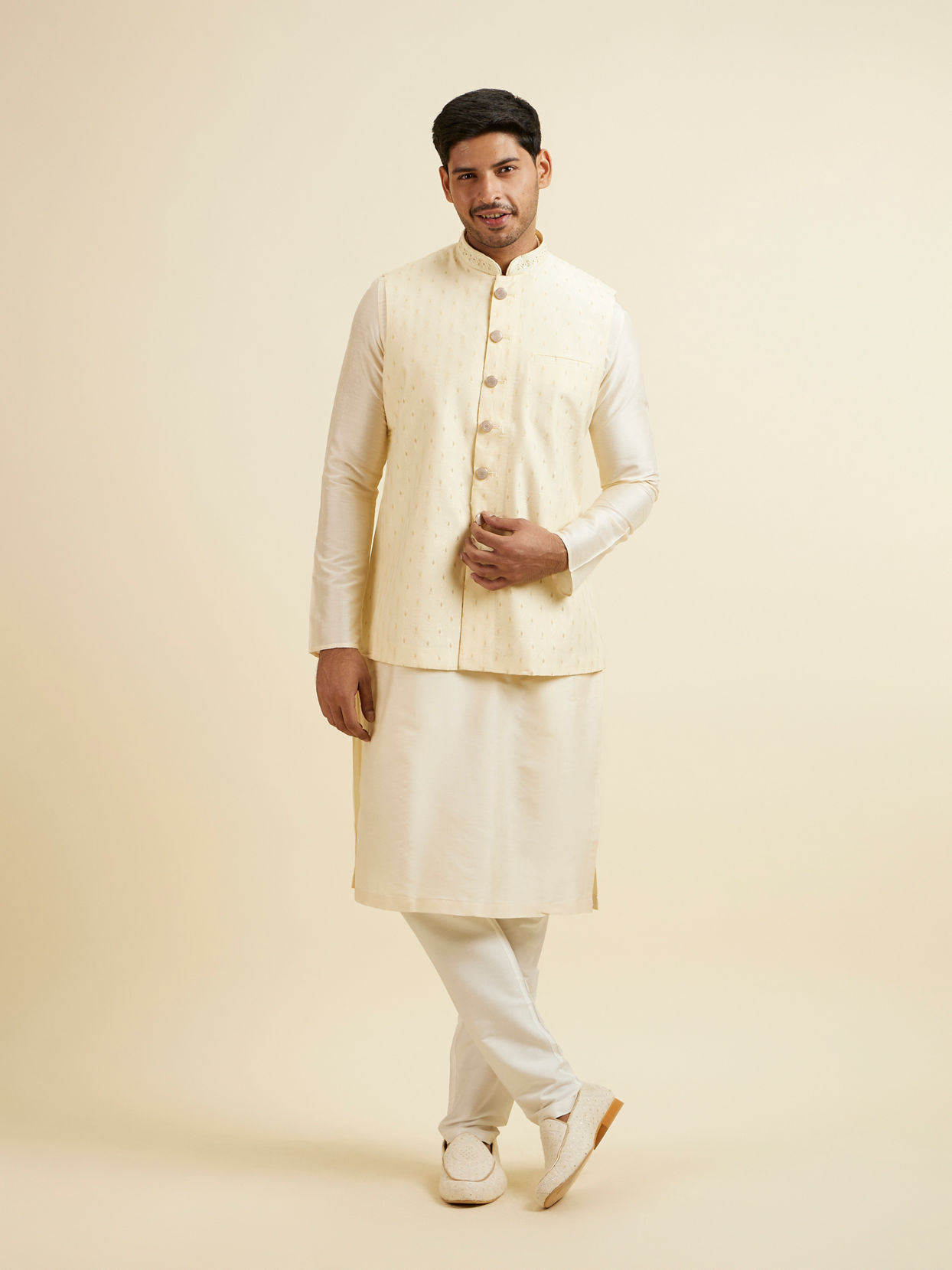 Manyavar Men Light Cream Buta Patterned Jacket