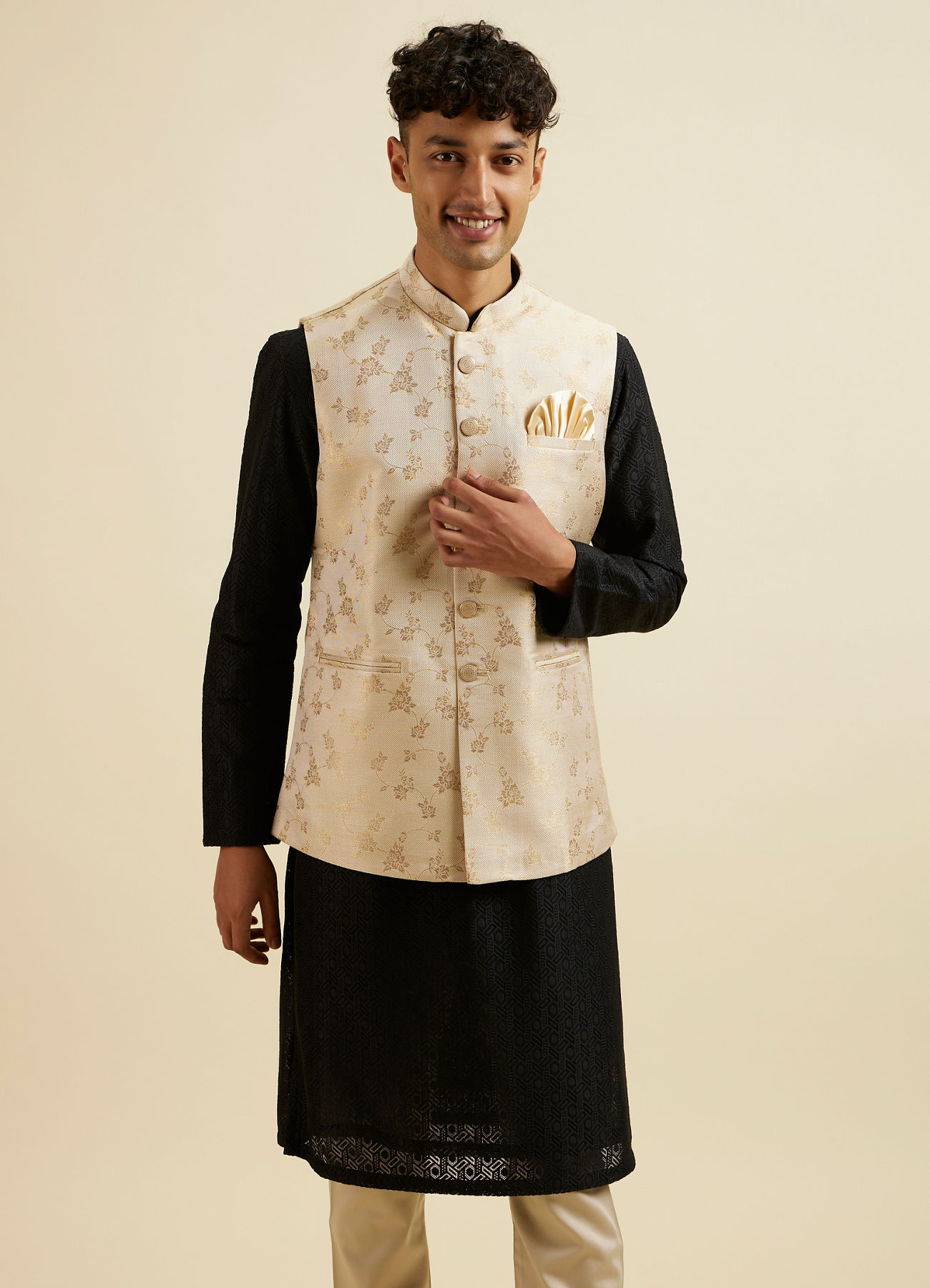Manyavar Men Cream Beige Floral Pattern Jacket