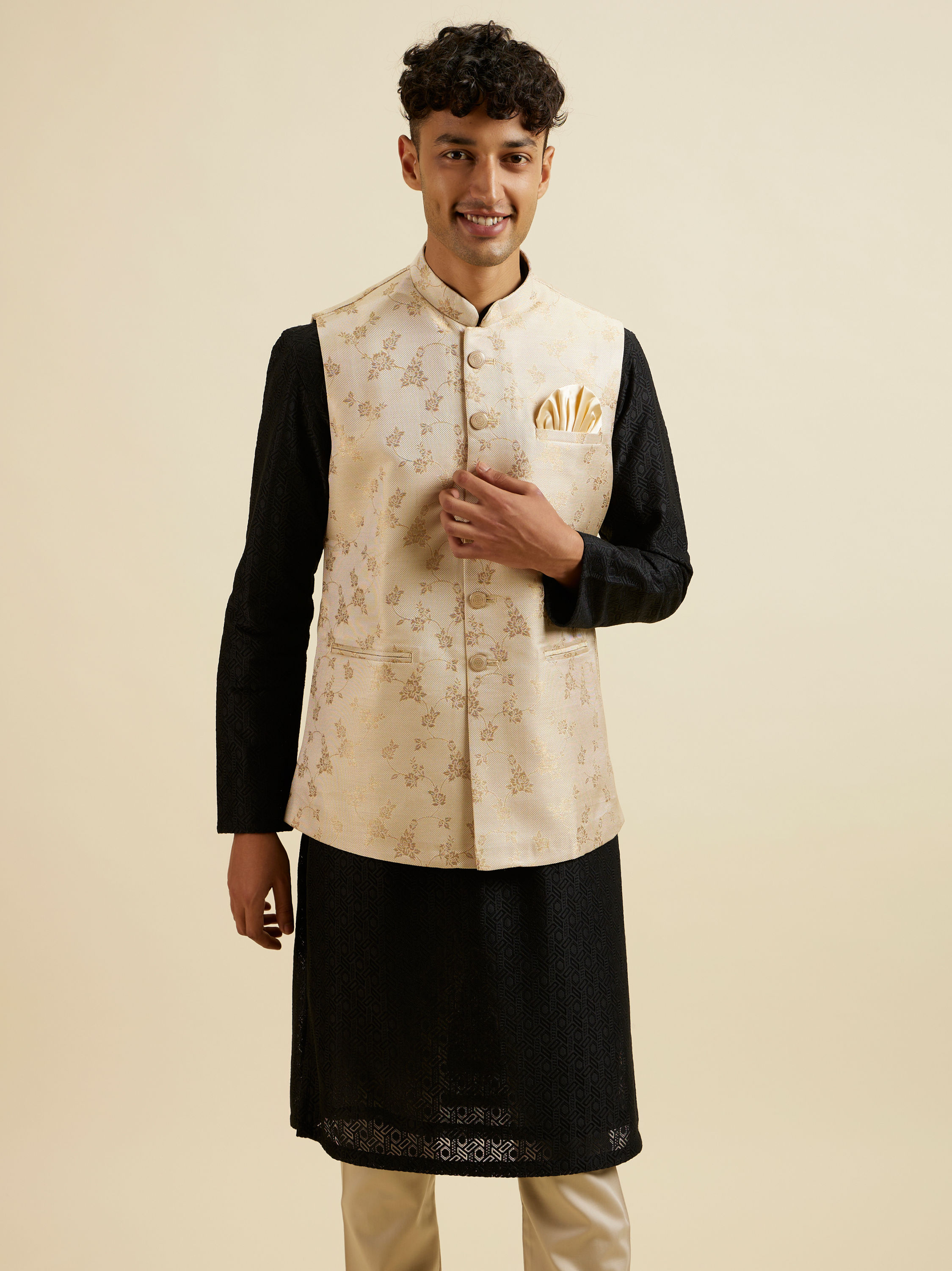 Manyavar Men Cream Beige Floral Pattern Jacket