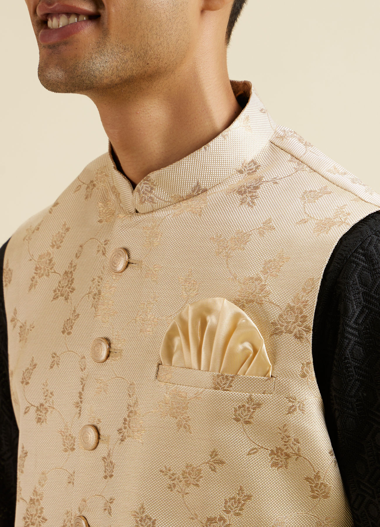 Manyavar Men Cream Beige Floral Pattern Jacket