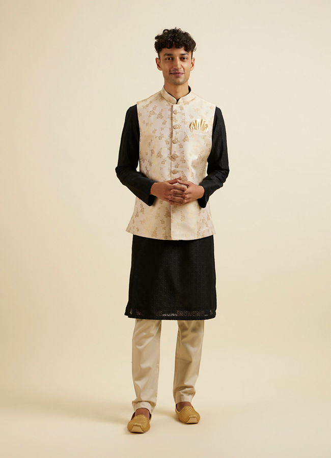 Manyavar Men Cream Beige Floral Pattern Jacket