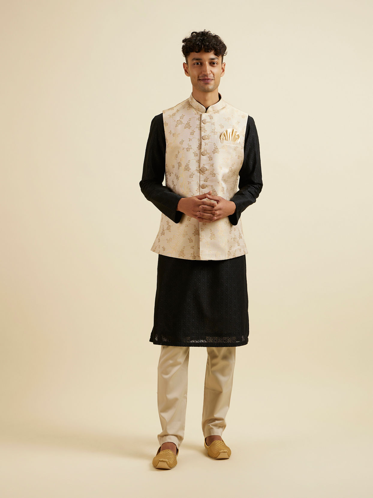Manyavar Men Cream Beige Floral Pattern Jacket