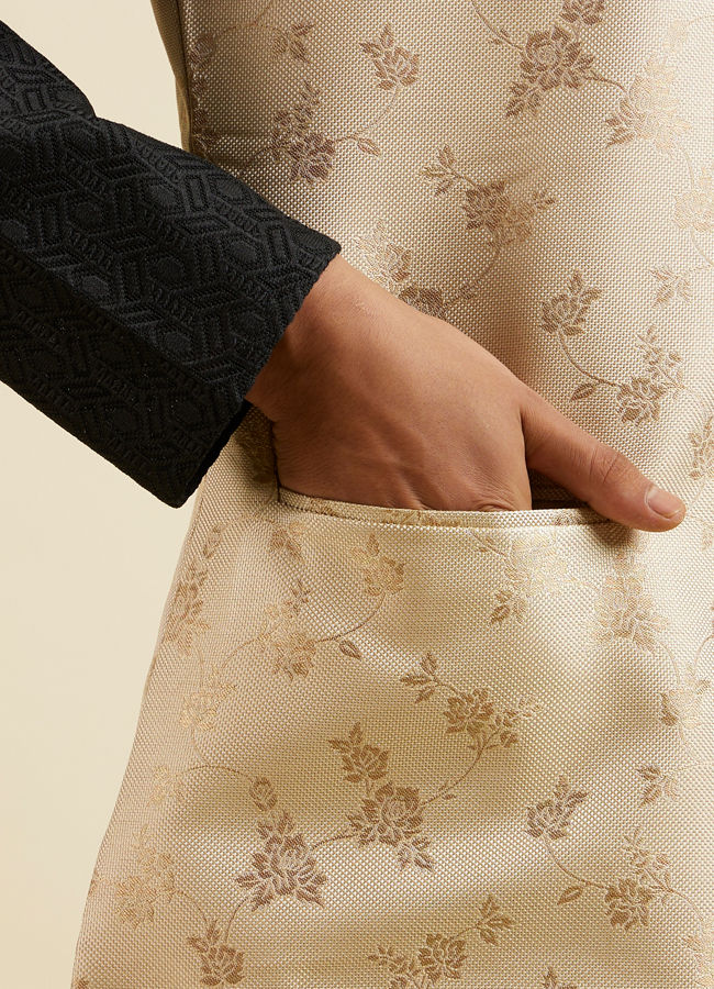 Manyavar Men Cream Beige Floral Pattern Jacket