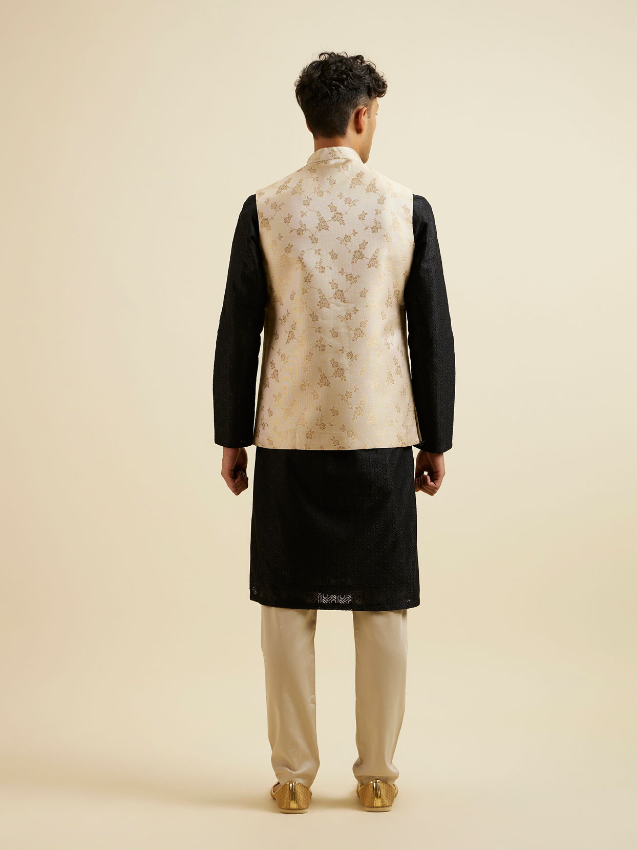 Manyavar Men Cream Beige Floral Pattern Jacket