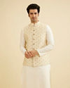 Manyavar Men Cream Beige Floral Jaal Patterned Jacket image number 0