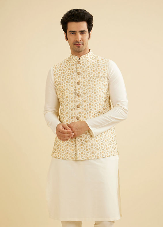 Manyavar Men Cream Beige Floral Jaal Patterned Jacket