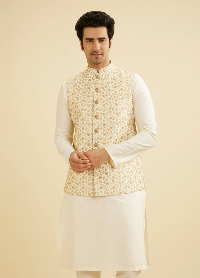 Manyavar Men Cream Beige Floral Jaal Patterned Jacket image number 0