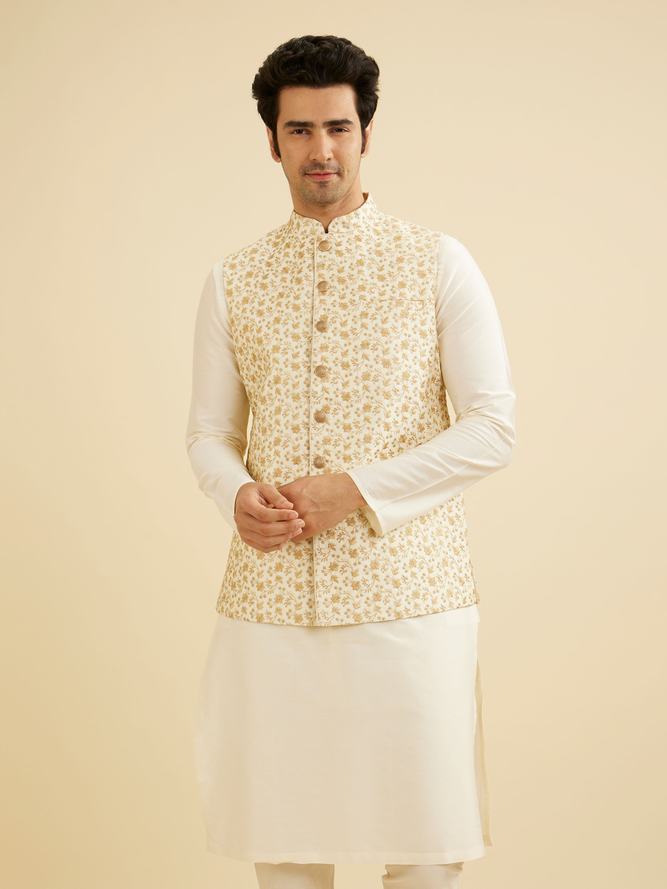 Manyavar Men Cream Beige Floral Jaal Patterned Jacket