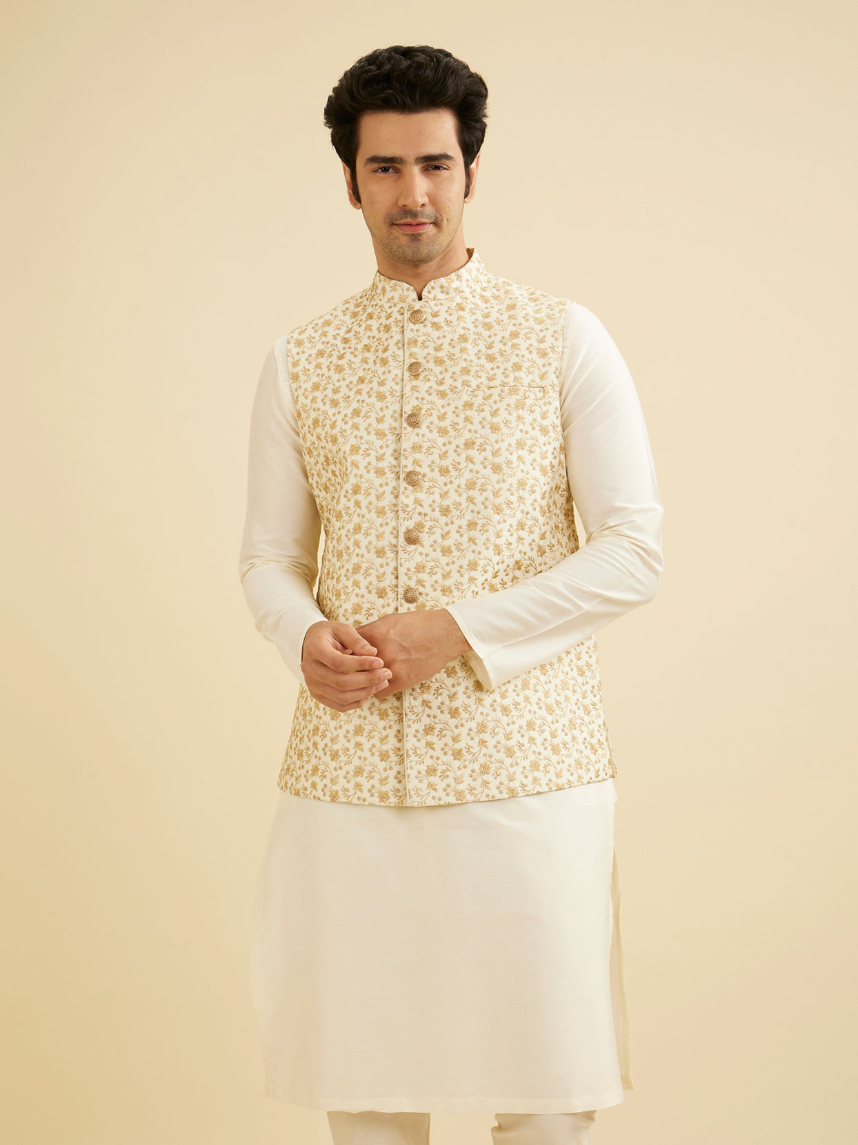 Manyavar Men Cream Beige Floral Jaal Patterned Jacket image number 0