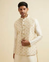 alt message - Manyavar Men Cream Beige Floral Jaal Patterned Jacket image number 0