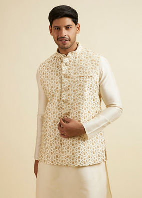 alt message - Manyavar Men Cream Beige Floral Jaal Patterned Jacket