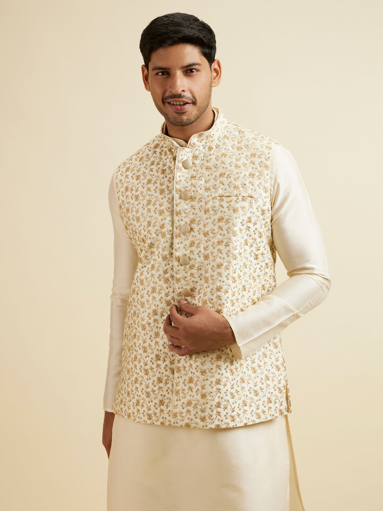 alt message - Manyavar Men Cream Beige Floral Jaal Patterned Jacket image number 0