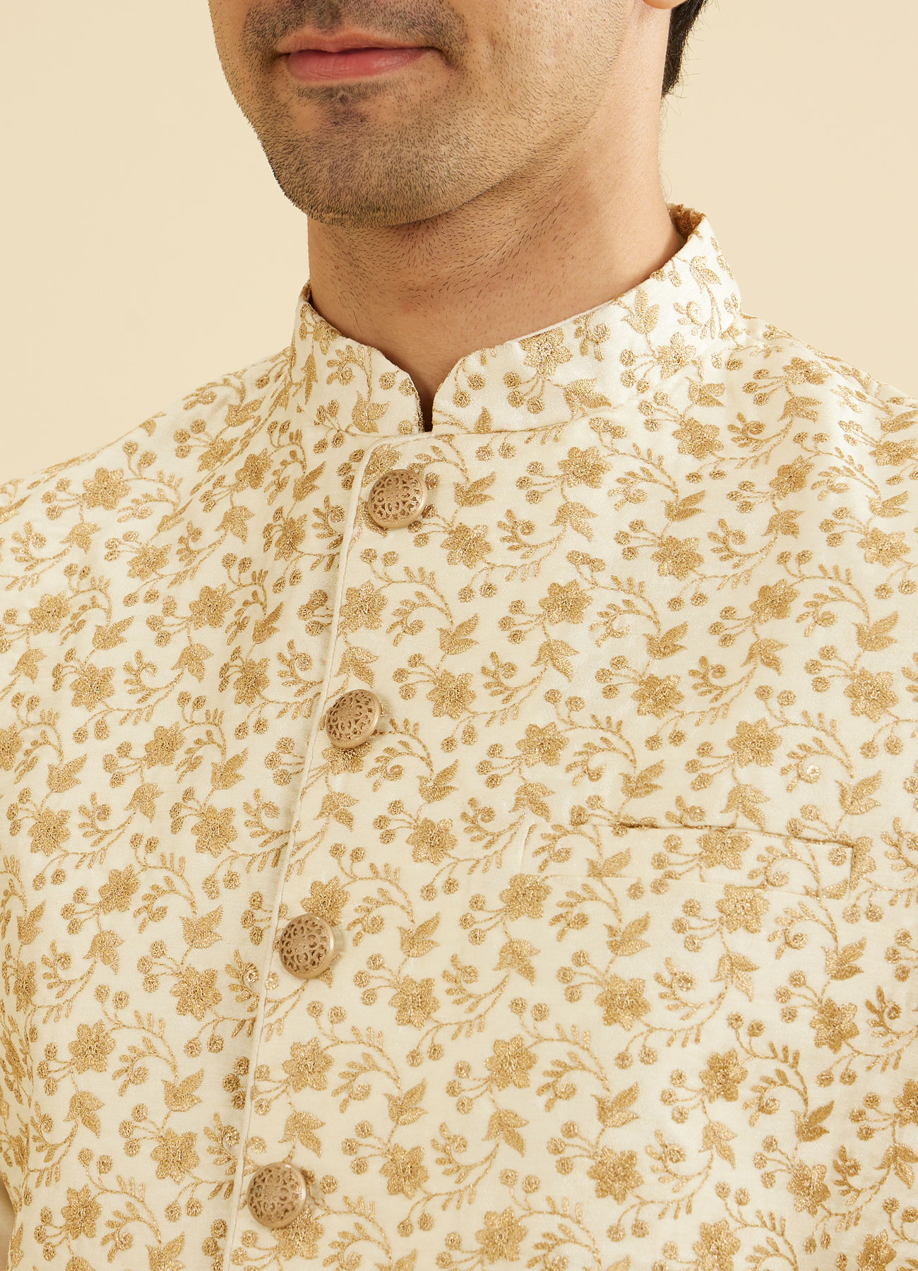 Manyavar Men Cream Beige Floral Jaal Patterned Jacket