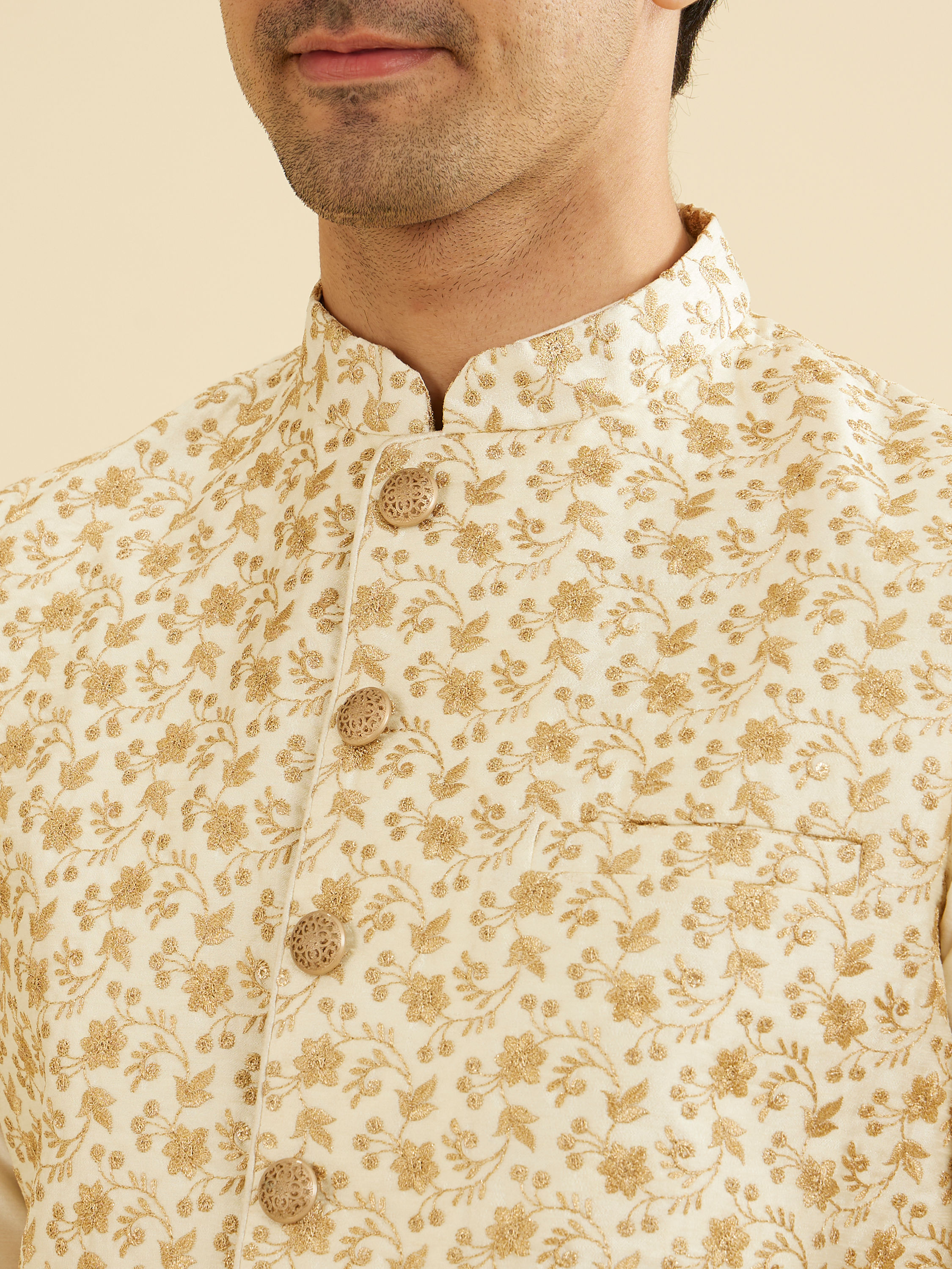Manyavar Men Cream Beige Floral Jaal Patterned Jacket