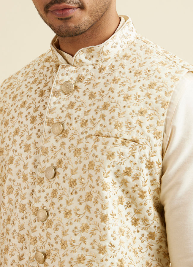 alt message - Manyavar Men Cream Beige Floral Jaal Patterned Jacket image number 1