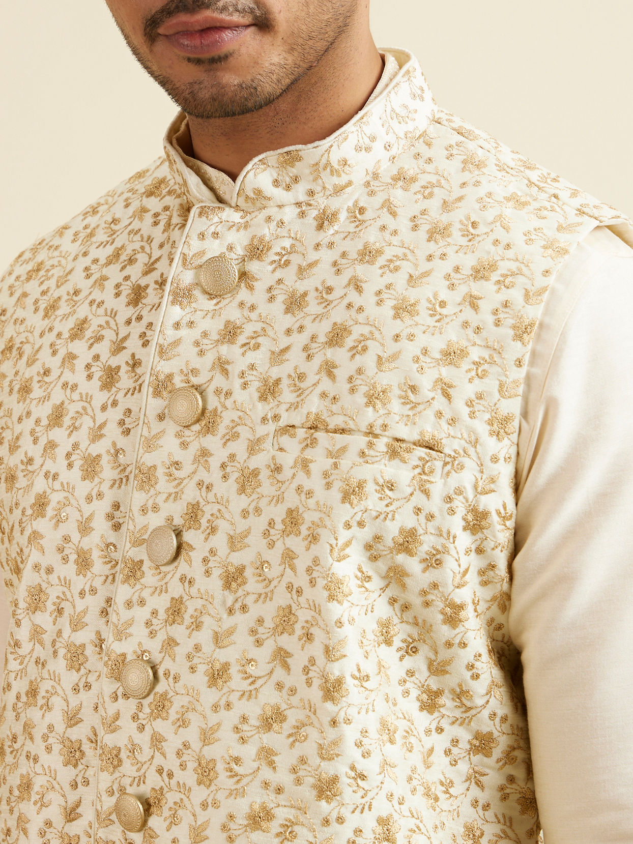 alt message - Manyavar Men Cream Beige Floral Jaal Patterned Jacket image number 1