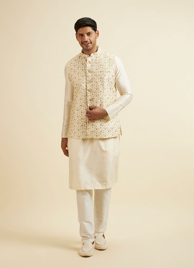 alt message - Manyavar Men Cream Beige Floral Jaal Patterned Jacket image number 2