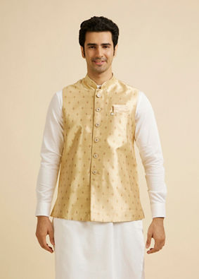 alt message - Manyavar Men Golden Fawn Buta Patterned Jacket