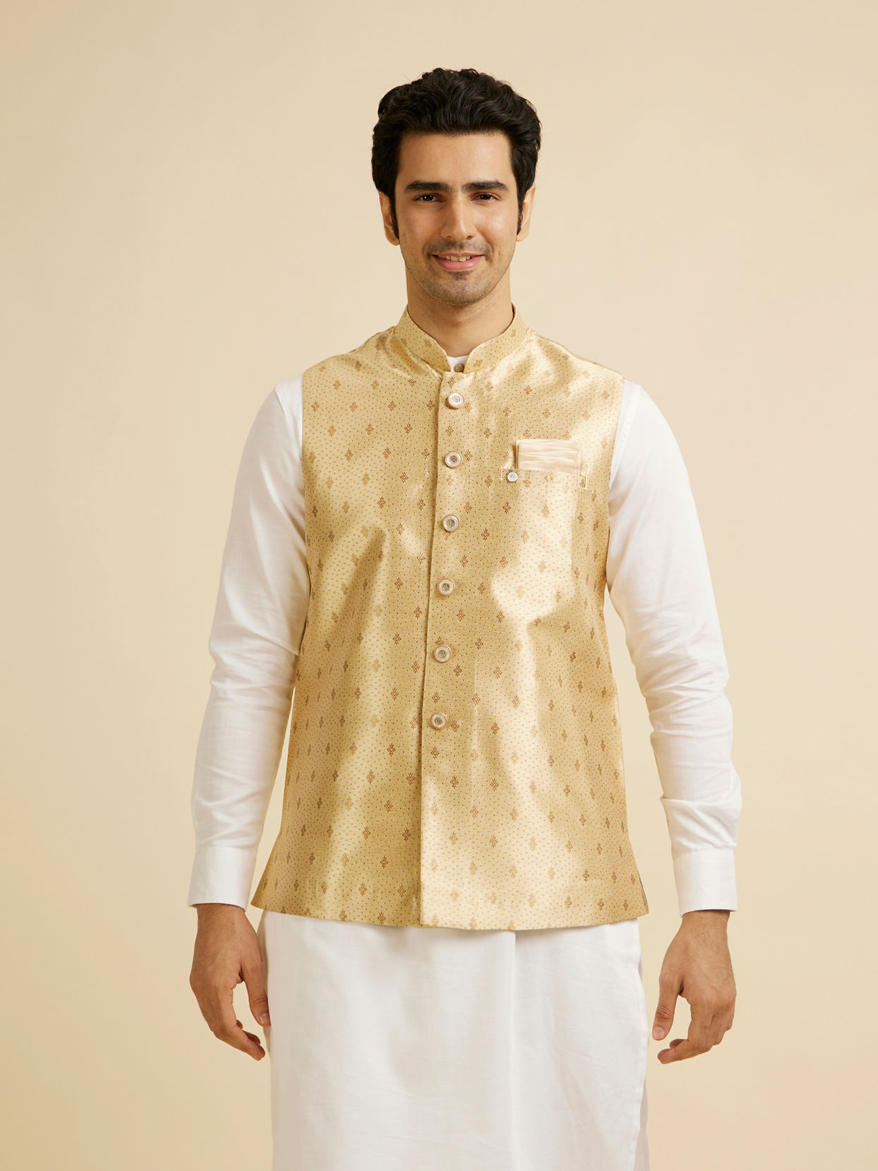 alt message - Manyavar Men Golden Fawn Buta Patterned Jacket image number 0