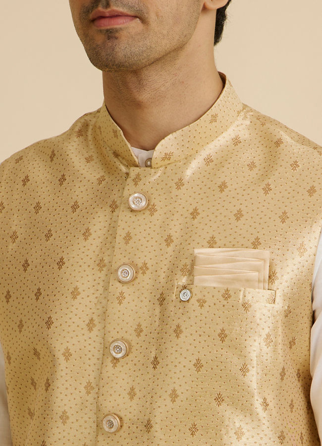 alt message - Manyavar Men Golden Fawn Buta Patterned Jacket image number 1