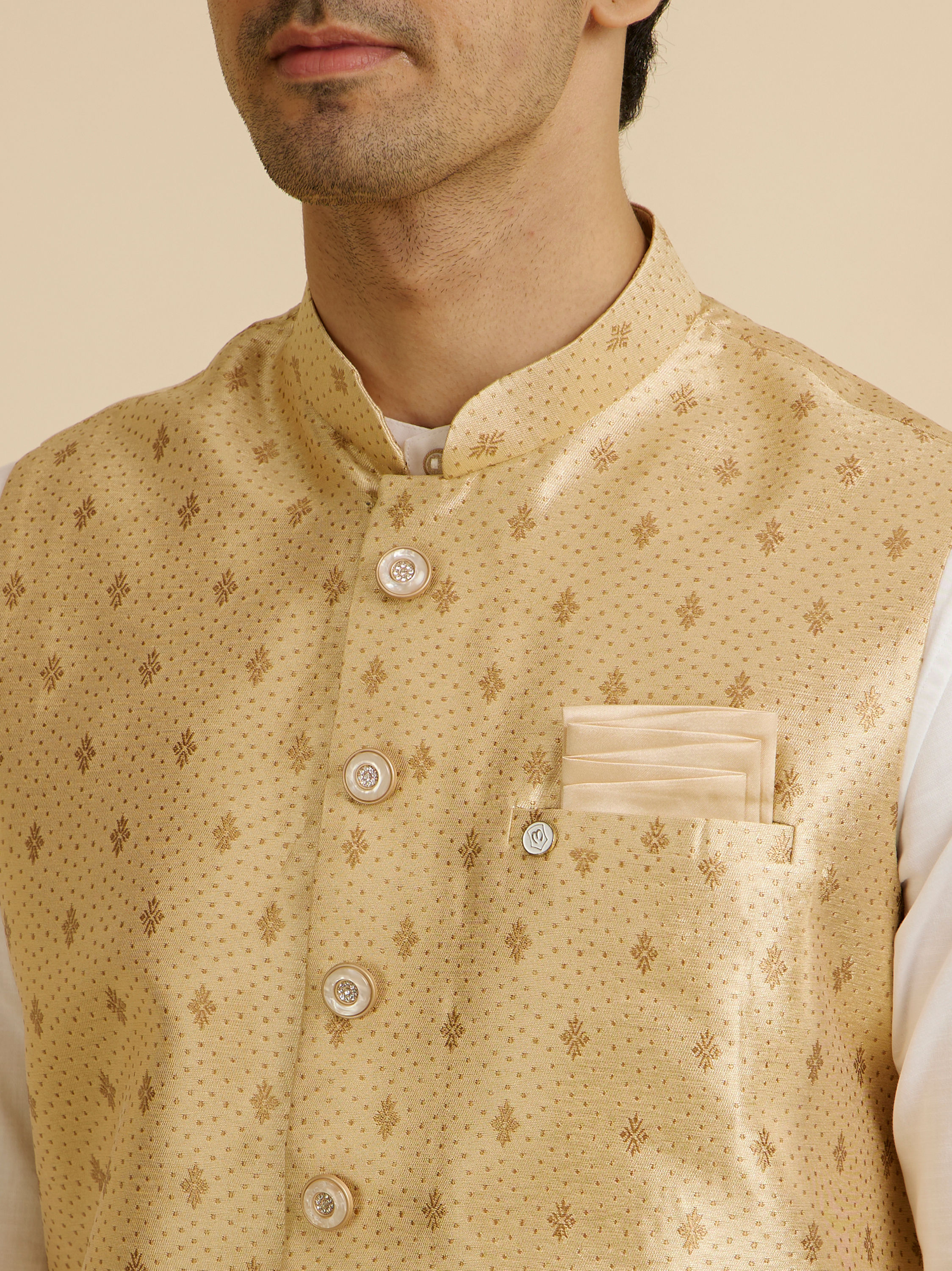 Manyavar Men Golden Fawn Buta Patterned Jacket