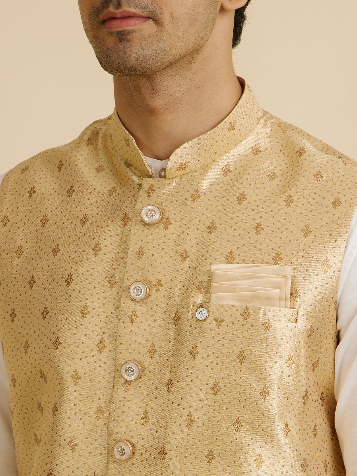 alt message - Manyavar Men Golden Fawn Buta Patterned Jacket image number 1