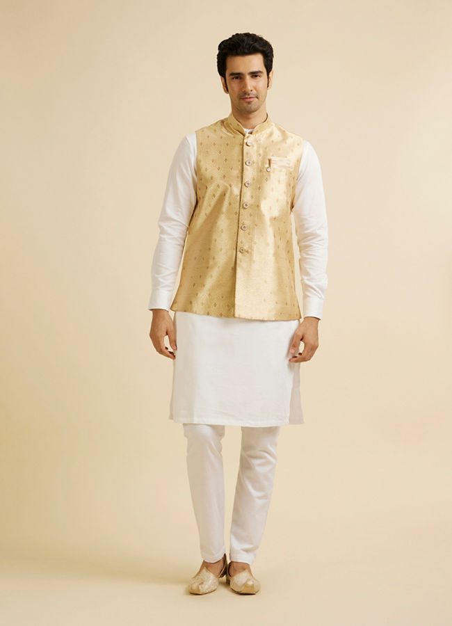 alt message - Manyavar Men Golden Fawn Buta Patterned Jacket image number 2