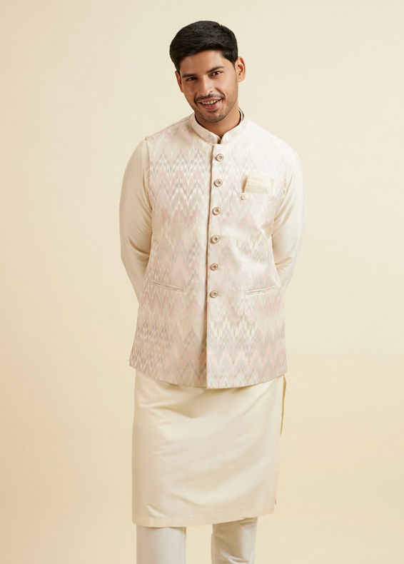 alt message - Manyavar Men Soft Pink Chevron Patterned Jacket