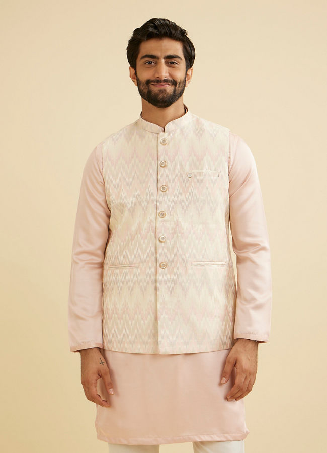 Manyavar Men Soft Pink Chevron Patterned Jacket