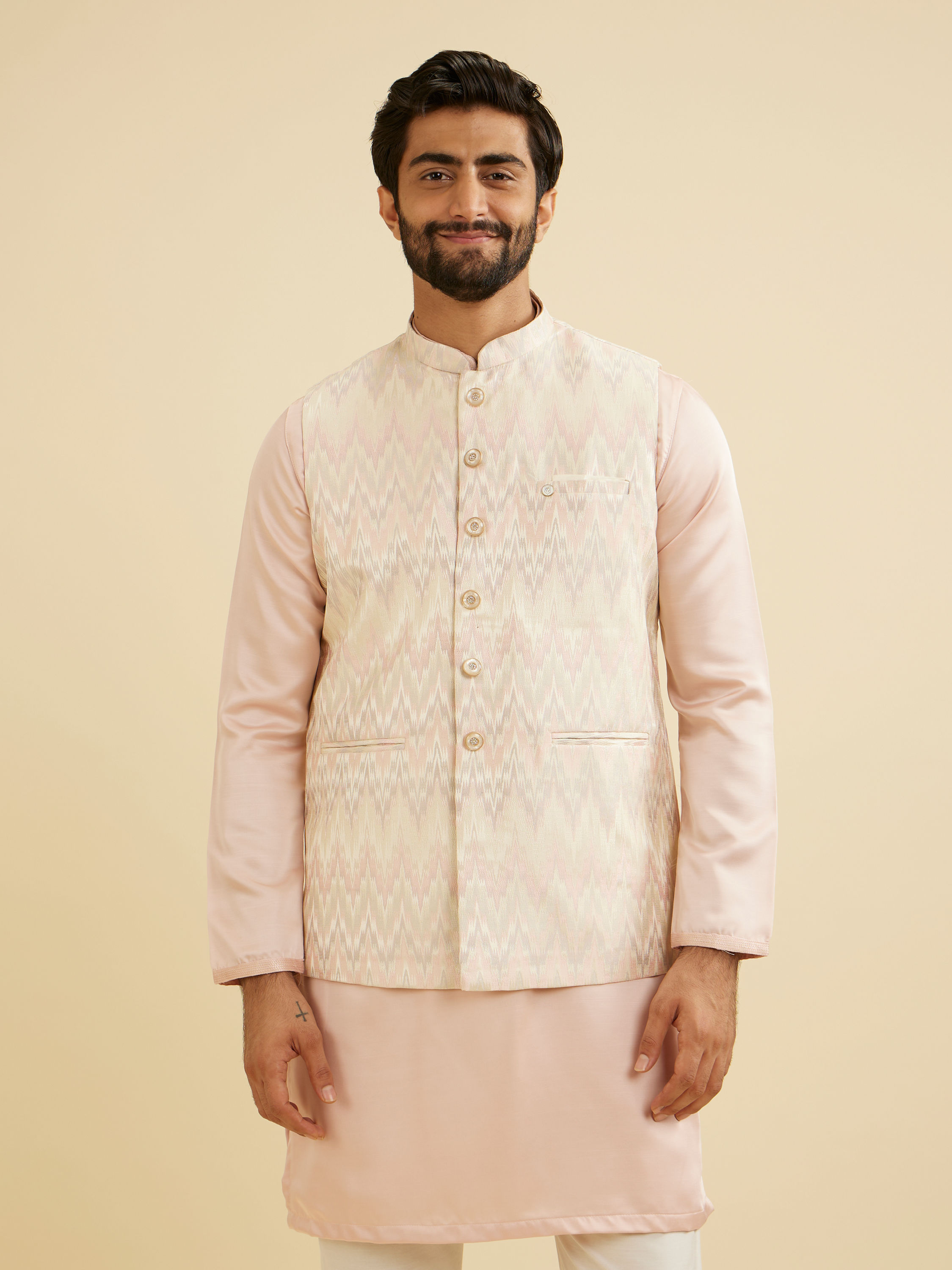 Manyavar Men Soft Pink Chevron Patterned Jacket